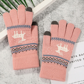 Zimske rukavice Winter Touch - pletene touchscreen rukavice za žene sa zimskim motivom - roza