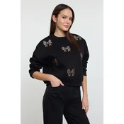Trendyol Black Thick Polar Fleece Inside Leopard Detailed Ribbon Embroidered Knitted Sweatshirt