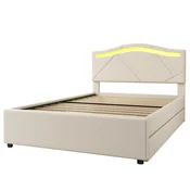 SONNENH Oblazinjena enojna postelja 90 x 200 cm, bež, LED-vzglavje z izbiro dveh višin 101/108,5 cm, dva predala in vključena letvena podlaga