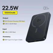 KJB Magnetna prenosna baterija 10.000 mAh, brezžično do 15 W, črna