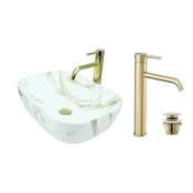 shumee GTM Design Aufsatzwaschbecken 46 cm Glanz Set mit Waschtischbatterie und Stopfen - Aufsatzwaschbecken Oval für Badezimmer - Modern Waschbecken ohne Hahnloch - Waschbecken mit Armature