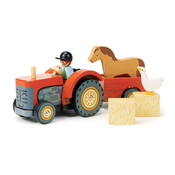 Drevený traktor s vlečkou Farmyard Tractor Tender Leaf Toys s figúrkou farmára a zvieratkami TL8485