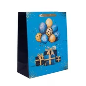 Zlata darilna vrečka z modrim balonom in škatlo, vzorec – 31 x 42 cm