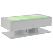 SONNENH Klubska mizica 100 x 50 x 35 cm, plošča iz kaljenega stekla, dva predala, odprta spodnja odlagalna mesta in LED osvetlitev USB, bela