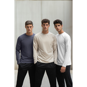 Trendyol Dark Grey-Beige-White Slim/Slim Fit Pack of 3 100% Cotton Long Sleeve Basic T-Shirt