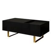SONNENH Dvižna klubska mizica, črna, 100 x 50 cm, višina 39,5 ali 54,5 cm, sijajni MDF, predal, skrit prostor in zlate železne noge
