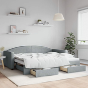 Greatstore Izvlečna dnevna postelja s predali svetlo siva 90x200 cm blago