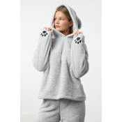Trendyol Gray Hooded and Embroidered Wellsoft Winter Knitted Pajama Set