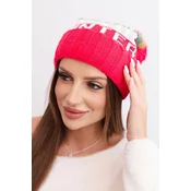 Kesi Womens winter hat with wool and lettering with a large pompom K422 fuchsia