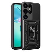 Oklepni ovitek MaX-Armor z obročem, kovinsko ploščico in zaščito zadnjih kamer za Samsung Galaxy S25 Ultra - army black