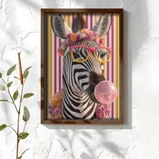 WallXpert uramljena MDF slika NAL029-70, zebra sa roze naocarima, cvetnim vencem i balonom od žvake, 50 x 70 cm