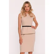 Stylove Womans Pencil dress with a belt and a peplum - beige