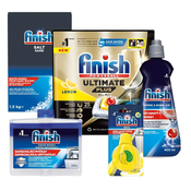 Finish Starter pack - Ultimate Plus All in 1 tablete za perilicu posuda, 25 komada + sol, 1,5 kg + sredstvo za poliranje Shine&Dry Regular, 400 ml + osvježivac Odor Stop Easy Clip + sredstvo za cišcenje perilice posuda, 250 ml