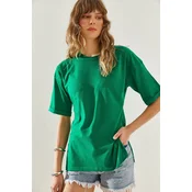 Bianco Lucci Womens Side Slit Sleeve Folding Detailed Crew Neck Short Sleeve Basic T-Shirt