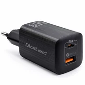Qoltec 65W GaN ULTRA stenski polnilnik | 5–20 V | 2,25–3,25 A | 1 x USB Type-C PD | 1 x USB QC 3.0 | Prenosnik | Pametni telefon | Črna