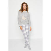 Trendyol Gray Wellsoft Lama Pattern T-shirt-Pants and Knitted Pajamas Set