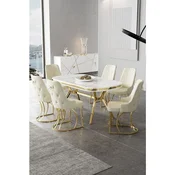 Hanah Home trpezarijski set Epal, sto i 6 stolica, ploca u dekoru belog mermera, zlatne noge, krem tkanina Babyface