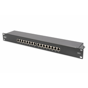 CAT 6, Class E patch panel, shielded, 16-port RJ45, 8P8C, LSA, 1U, rack mount, black, 482x44x109