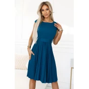 311-17 LILA Classic pleated dress with short sleeves and a belt - sea ??color