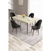 Hanah Home trpezarijski set Roz, sto na razvlacenje i 4 stolice, krem ploca, noge boje oraha, crna tkanina Babyface