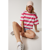 Happiness Istanbul Womens White Pink Crew Neck Striped Crop Knitted T-Shirt