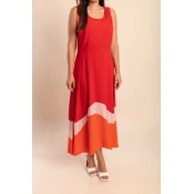 Plus size dolga obleka brez rokavov, rdeča