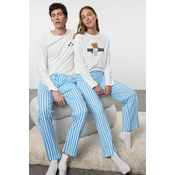 Trendyol Womens Couple White 100% Cotton Striped Teddy Bear Knitted Pajama Set