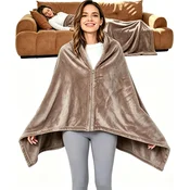 Flanelno ponče Odeja Poncho 2v1 z zadrgo 180x90 cm rjava dvoslojna mehka topla flanela proti kosmatenju enotna velikost za ženske in moške lahka za potovanje pranje pri 30 °C