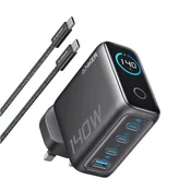 ANKER 140W GaN zidni brzi punjac, 4-porta (3x USB-C i 1x USB-A) sa USB-C M/M pletenim kablom, srebrni