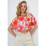 Trend Alacati Stili Ženska bluza kratkih rukava Alc-X13795, Brod izrez, Belo-crvena