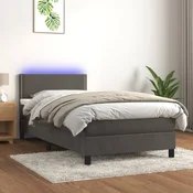 Greatstore Box spring postelja z vzmetnico LED temno siva 90x200 cm žamet