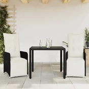 3-dijelni vrtni bistro set od poliratana s jastucima crni