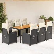 9-dijelni vrtni blagovaonski set s jastucima crni od poliratana Crna 190 cm table length