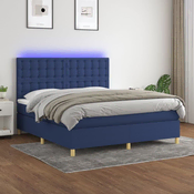 Greatstore Box spring postelja z vzmetnico LED modra 180x200 cm blago