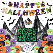 Komplet dekoracij za noč čarovnic wycinek, 57 kosov: girlanda Happy Halloween, 20 balonov, 12 netopirjev 3D, strašljiva tkanina 180x76 cm, pajčevina, nalepke, okras za torto