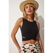 Happiness Istanbul Womens Black Cut Out Detailed Crop Knitted Blouse