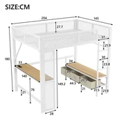 SONNENH Otroška postelja, 140 x 200 cm, MDF/kovina, bela, 204 x 145 x 180 cm, led osvetlitev, priključek usb, za spalnico