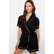 Trendyol Black Belted Piping Detailed Viscose Shirt-Short Woven Pajamas Set