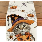 Nikcorp Tekstilni prt za Halloween Mizo z bučami in mačkami, oranžen, 40 x 300 cm, dekorativni ščit za mizo, 100% tkan poliester, pralni stroj, za 8–10 oseb