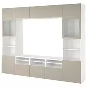BESTA TV komb. za odlaganje/stakl.vrata, bela Sindvik/Lappviken svetlosiva/bež, 300x42x231 cm