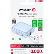 Swissten Powerbank Space 10 000 mAh USB-C in Lightning kabel - Modra