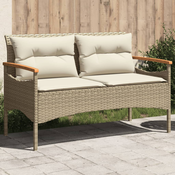 vidaXL Vrtna klop z blazinami 116x62,5x74 cm bež poli ratan