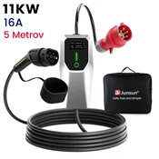 JUNSUN polnilni kabel za električna vozila Tip 2 EV (3-fazni, 11kW, nastavljiv tok, prenosni polnilec 5m s schuko vtičnico in torbico)