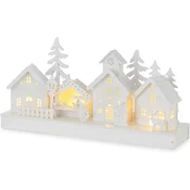 Lesena božična vasica LED dekoracija, 37x18 cm, rjava lesena hišica z osvetlitvijo, praznični okras za mizo, kamin in okensko polico, topla LED svetloba, kakovostna zimska dekoracija za dom
