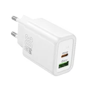 Hoco Mrežni polnilnik za telefon Hoco USB-A + USB-C QC3.0 PD 3A 30 W N63, bel