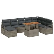 9 Dijelni Vrtni Sofa Set s Jastučićima Sivi Poly Ratan 2-Sjedalni Vrtni Sofa s Pohranom i Jastučićima Sivi Poly Ratan
