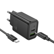 Hoco Polnilec N63 PD 30W USB-A, Type C s kablom Type C - Type C - črn