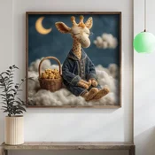 WallXpert uramljena MDF slika DOS023-50, žirafa u pidžami na oblaku pod polumesecom, 50 x 50 cm