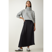 Happiness Istanbul Womens Black Asymmetrical Formed Satin Surface Skirt