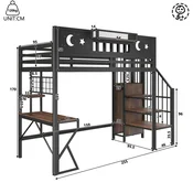 SONNENH Otroška postelja, 90 x 200 cm, MDF/kovina, črna, 255 x 109 x 187 cm, led osvetlitev, priključek usb, za spalnico